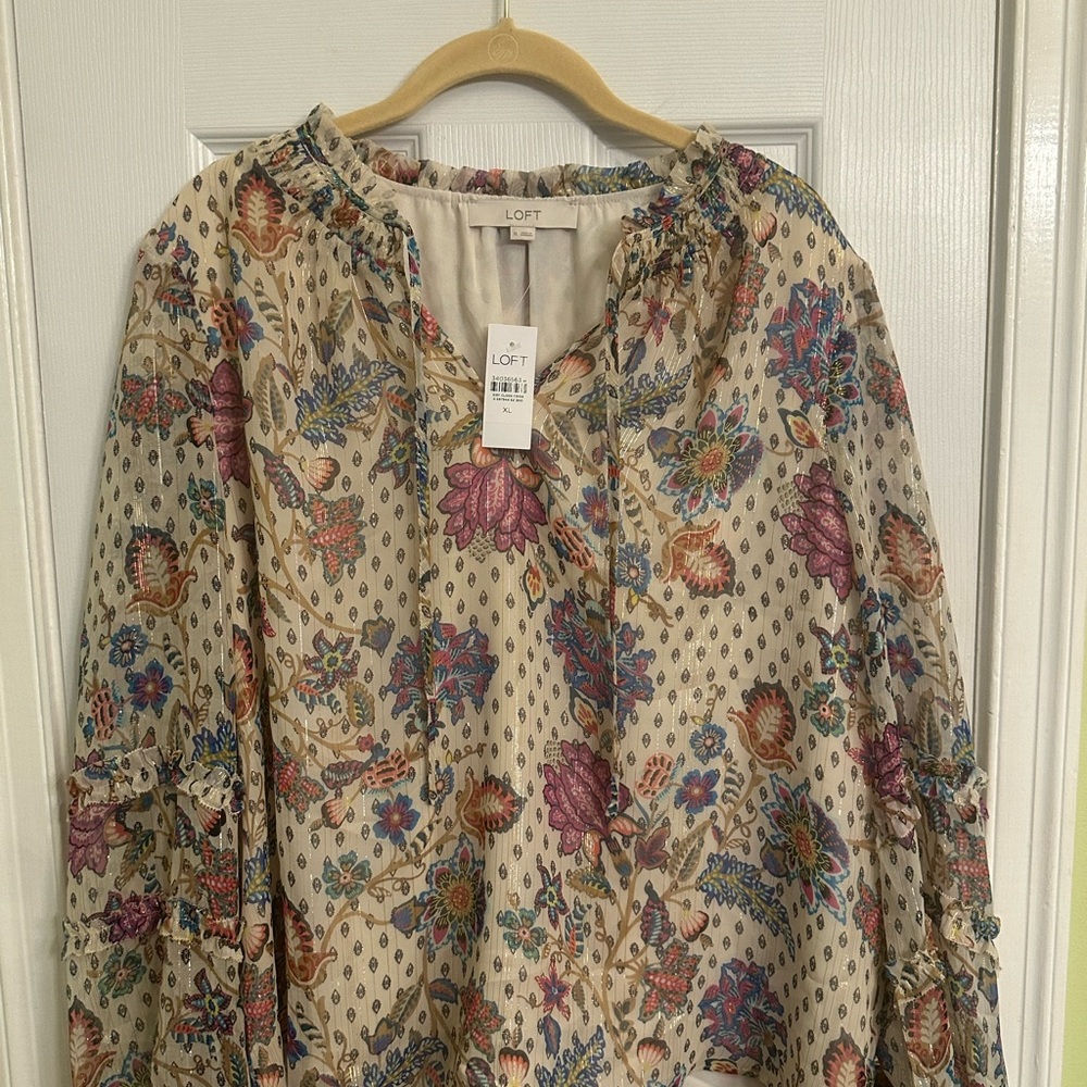 LOFT Ruffled Blue and Cream Blouse